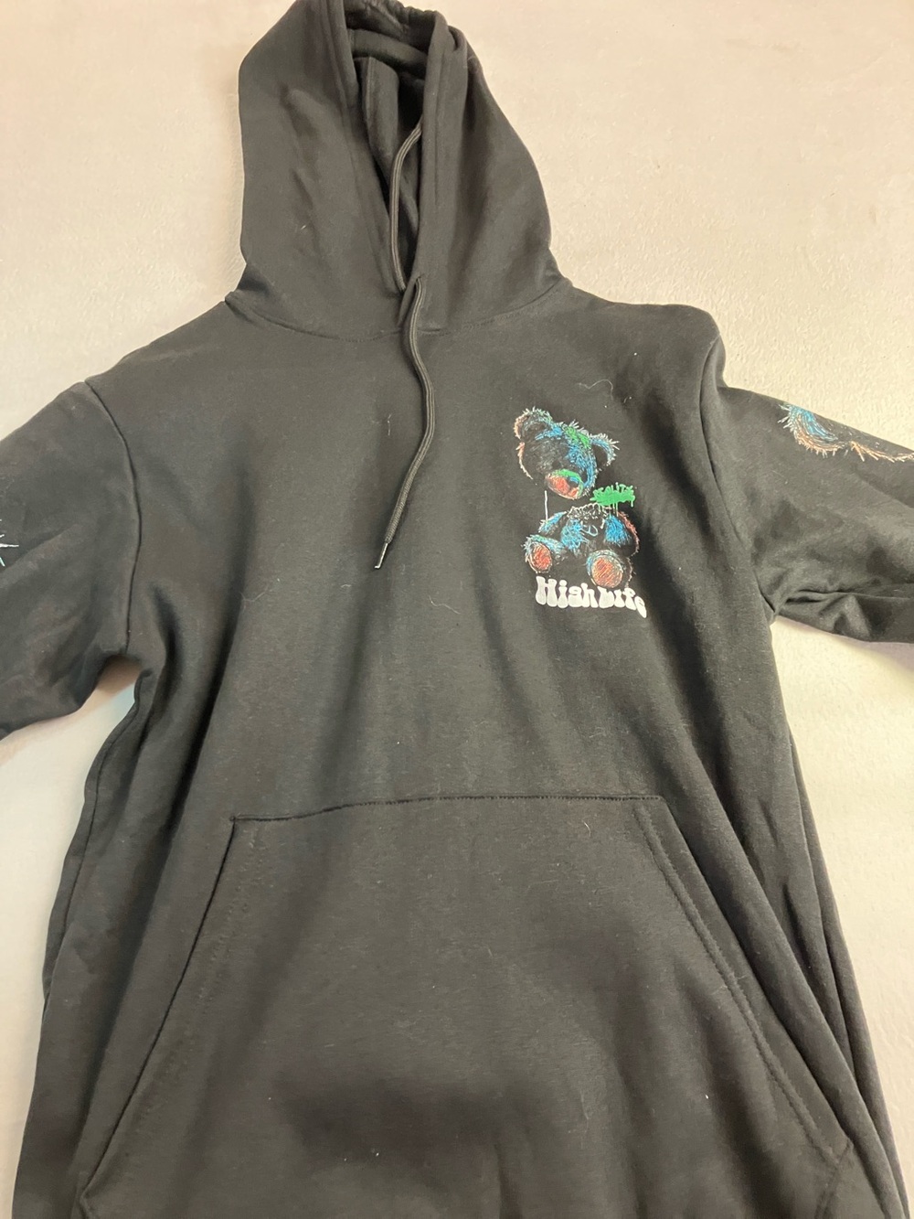 Black Hoodie with Colorful Embroidered Bear Graphic - Unknown Brand